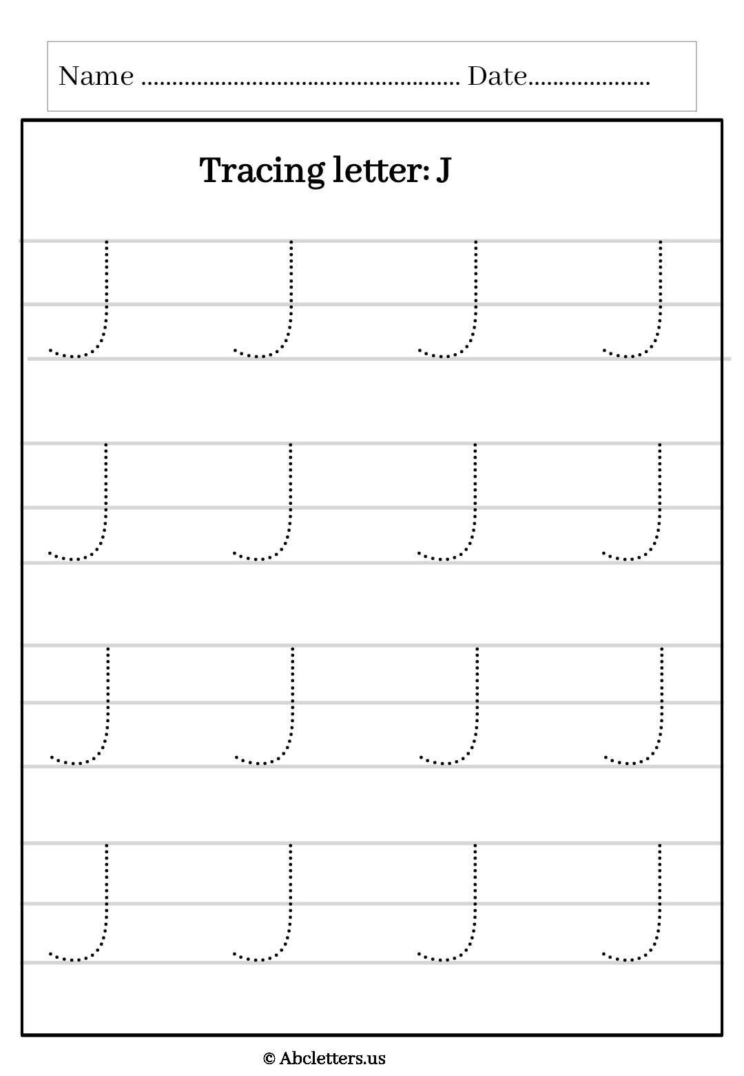 Tracing letter J uppercase with 3 lines