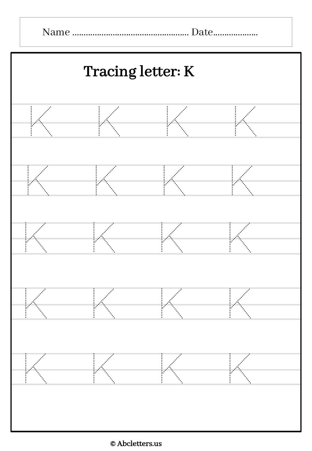 Tracing letter K uppercase with 3 line