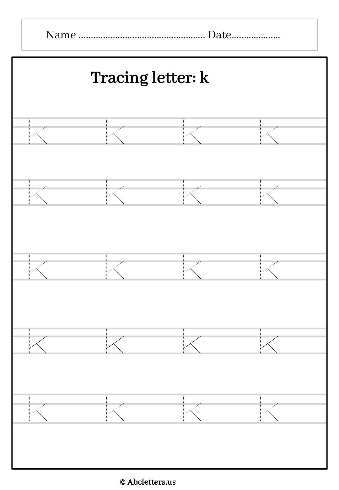 Tracing letter k lowercase with 3 lines