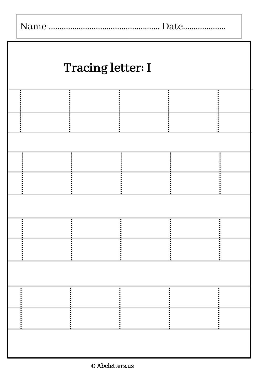 Tracing letter uppercase I With 3 lines